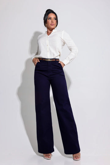 Calça Wide Leg com Cinto Azul Magnífica - CH105